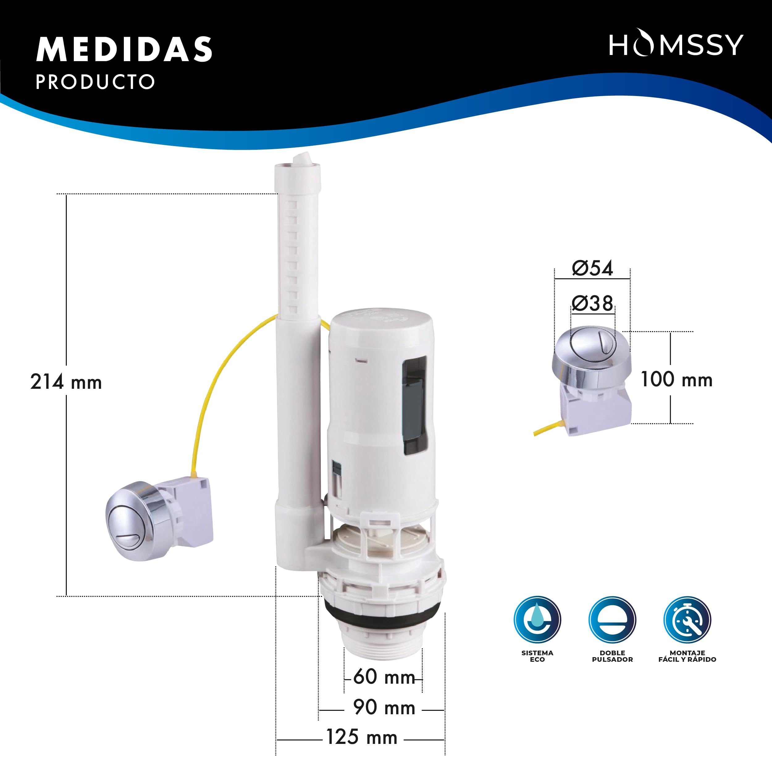 Mecanismo Cisterna WC Doble Pulsador con Cable D-220 – Válvula Descarga Universal Eco, Regulación Parcial y Total, Altura Ajustable, Compatible Pulsador Superior o Lateral