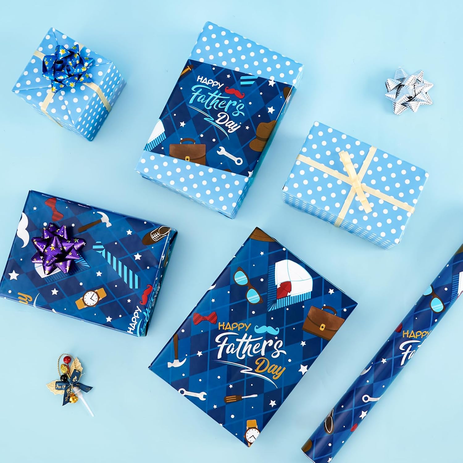 WERNNSAI Fathers Day Wrapping Paper - 1 Roll 17” x 33 ft Happy Fathers Day Wrapping Paper Roll for Men Dad Father Grandpa Blue Gift Wrap Paper for Birthday Father's Day Party
