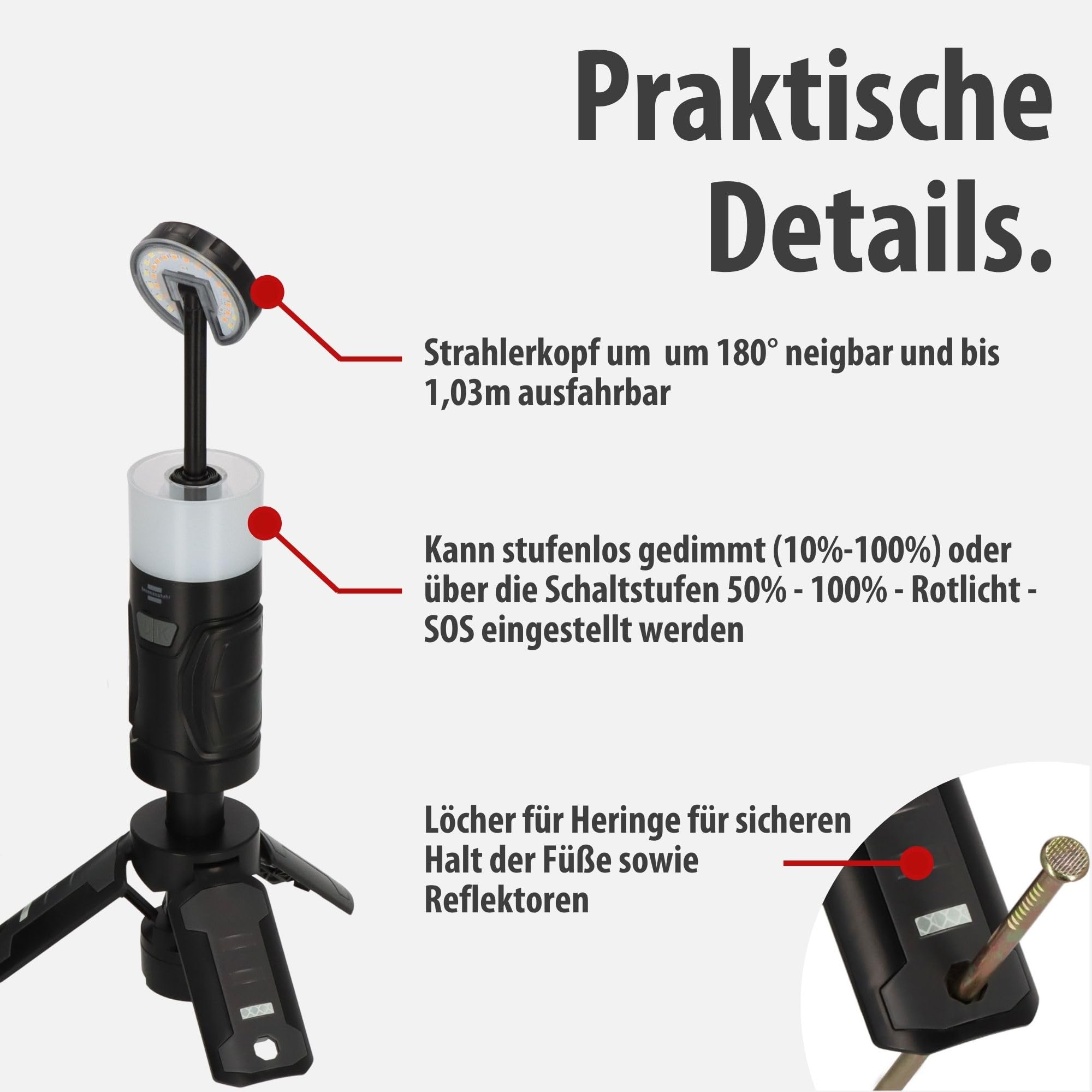 Brennenstuhl Akku LED Outdoor Lampe UL 400 AT | Campinglampe 400lm, IP44, bis zu 24h Leuchtdauer, dimmbar, Farbtemperatur einstellbar, ausziehbar bis 1,03m, Powerbank