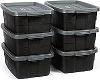 Rubbermaid Roughneck 10 Gallon Storage Totes with Lids, 6-Pack Heavy Duty Stackable Plastic Bins, Black/Gray for Garage Attic Camping