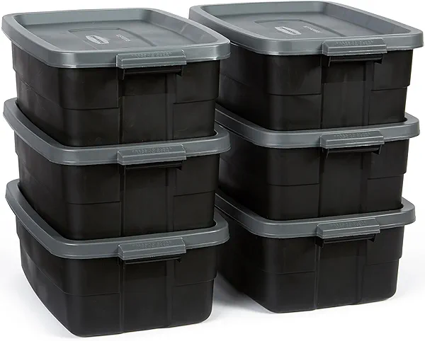 Rubbermaid 3-Pack Garage Storage Bins 18x12 Inch Heavy Duty Storage Bins, Large Capacity - USA Made Stackable Plastic Bins with Lids Black