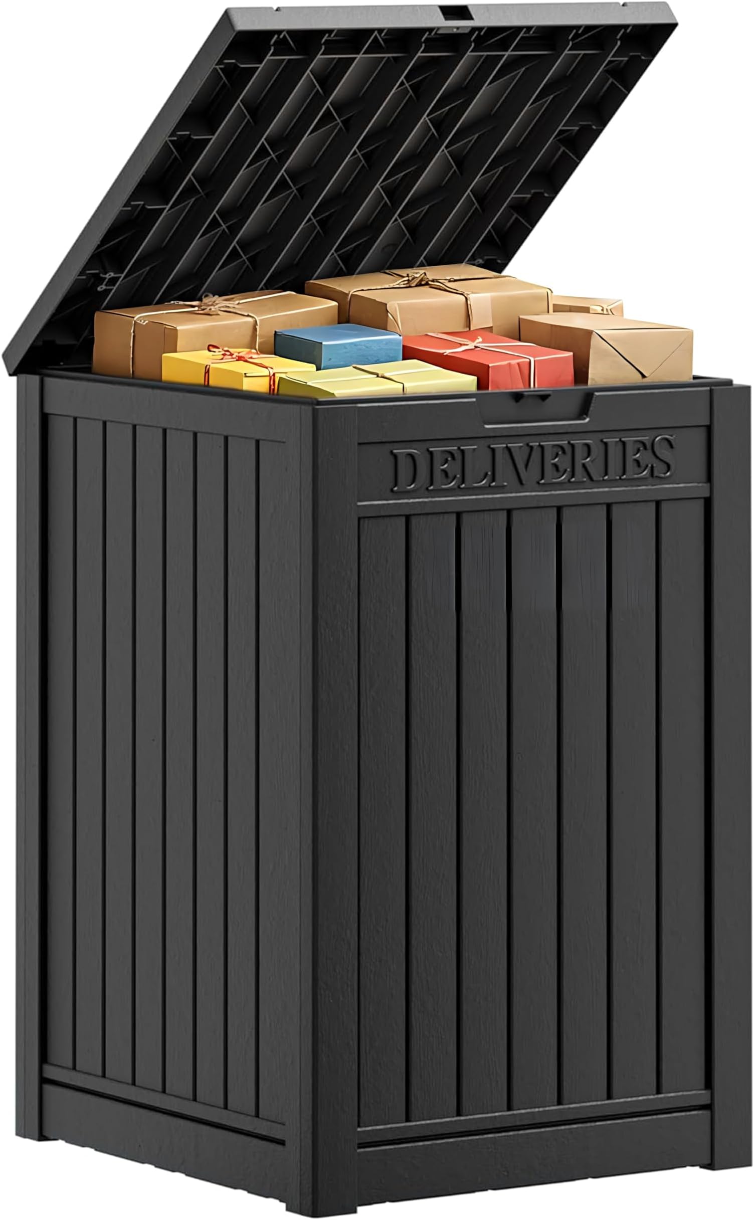 57 Gallon Resin Package Delivery Box, Large Double Wall Lockable Resin Outdoor Package, Waterproof Deck Box for Porches, Patios, Indoor & Outdoor Use (Black)