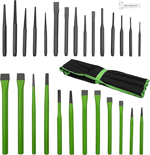 GRIP Juego de 28 piezas de punzón y cinceles resistentes – Acero CRV – Punzones cónicos, cinceles fríos, perforadores de alfiler, perforador central