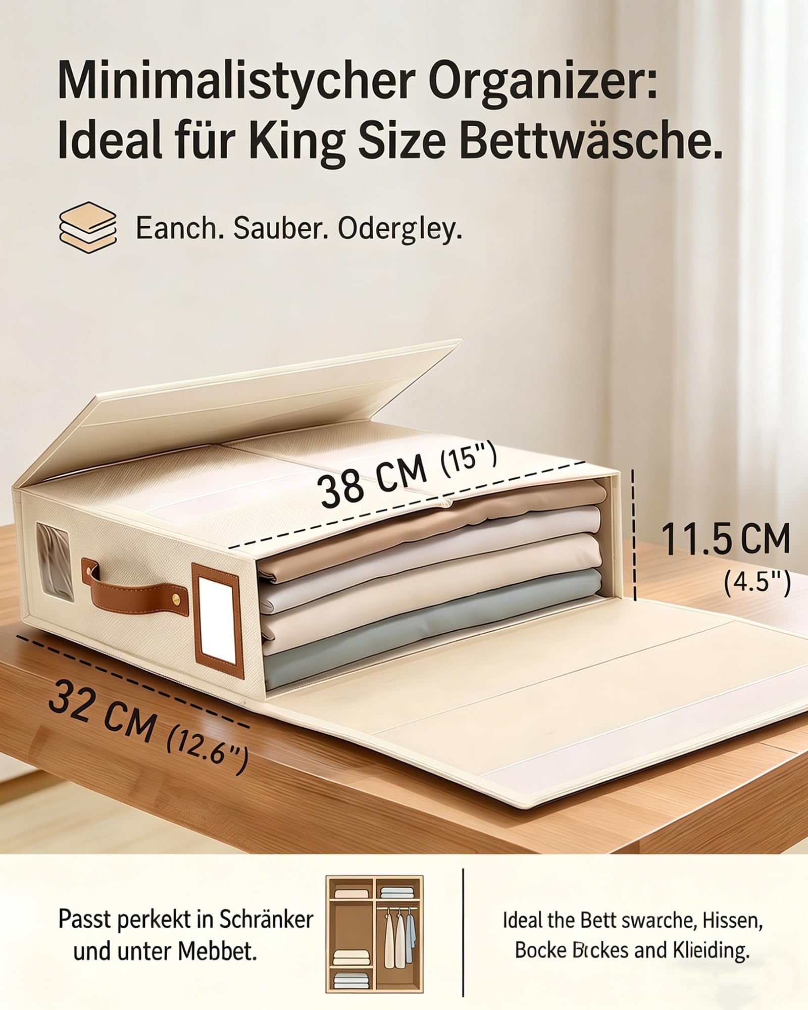 SwartLife 3er Set Bettwäsche Organizer Box - Premium Leinen-Mix Betttuch Aufbewahrung für King Size Bettlaken & Decken - Faltbare Schrank Ordnungssystem mit Sichtfenster & Etikett - Cremeweiß