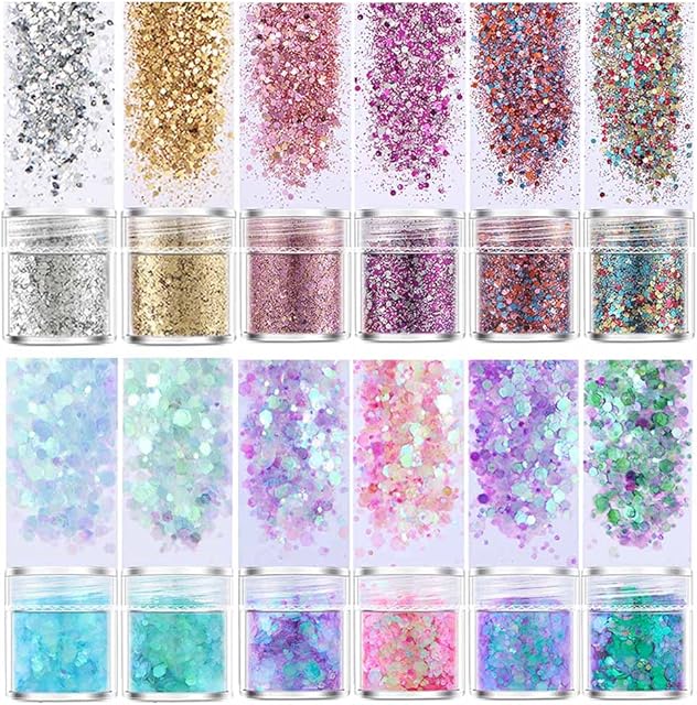 Jatidne Chunky Glitters for Resin Casting 12 Colors Resin Glitters Sparkle Resin Accessories Epoxy Glitter Craft for Wax Melts Nail Art Slime Polymer Clay Paint Decorations Fine Glitters Each 10g