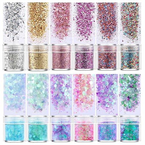 Jatidne 12 Colors Chunky and Fine Glitters for Resin, Craft, Wax Melt, Nail