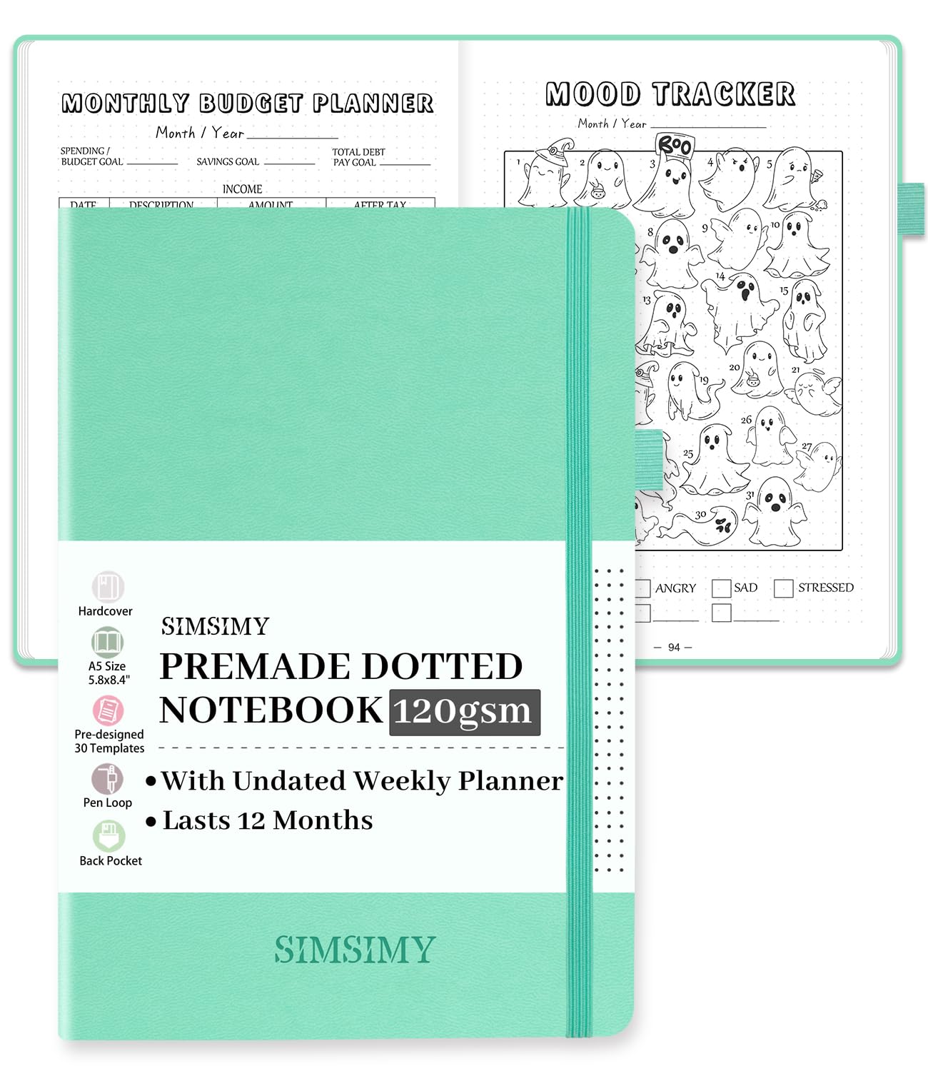 SIMSIMY Premade Bullet Dotted Journal Notebook, Pre-made Dot Grid Journaling with Undated Weekly & Monthly Planner - 12 Month Organization for Habit/Mood/Meals/Sleep/Exercise Trackers,