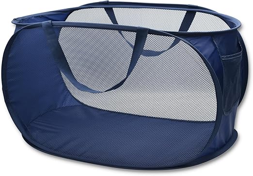 HONOMA Sturdy Mesh Laundry Hamper Basket Bag,Pop up Basket with Side Pocket for Laundry Room, Bathroom, Kids Room, College Dorm or Travel (Pop Horizontal, Navy Blue)