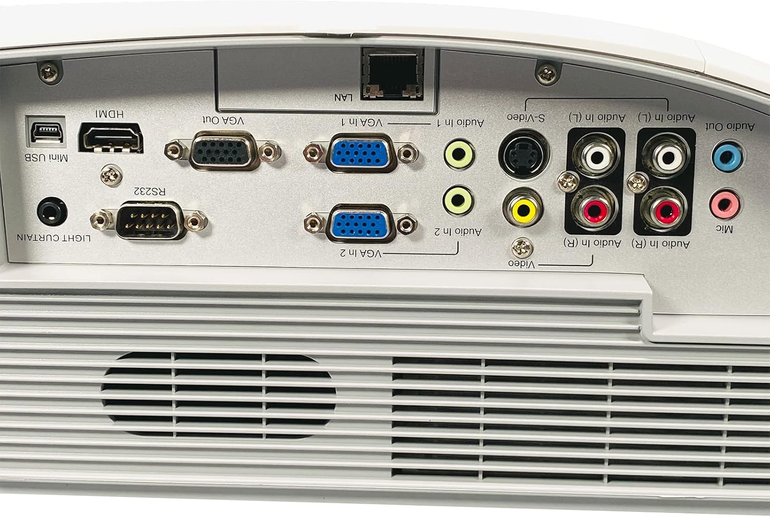 मागील view of the Boxlight P8 WX35NXT projector showing all input and output ports.