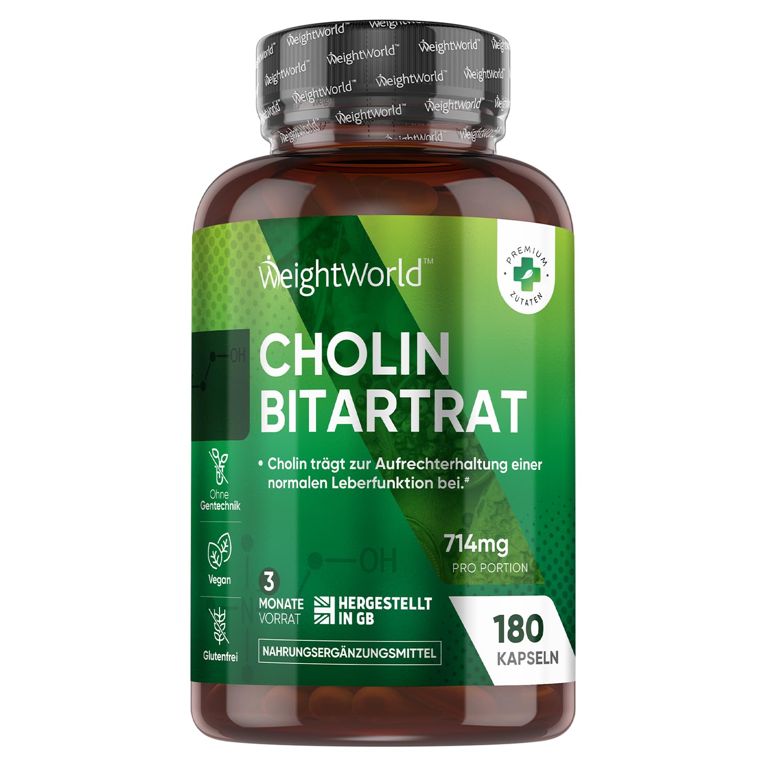 WeightWorld Cholin Bitartrat Kapseln - 714mg pro Portion - Unterstützung der normalen Leberfunktion - Für 3 Monate Vorra