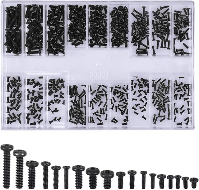 500Pcs Screw, Micro Screw, Black Small Screw, Carbon Steel Screws, 18 Different Screw Sizes for Glasses, Sunglasses, Spectacles, Watch, Jewelry, Home DIY Projects, M1.2,M1.4,M2,Black