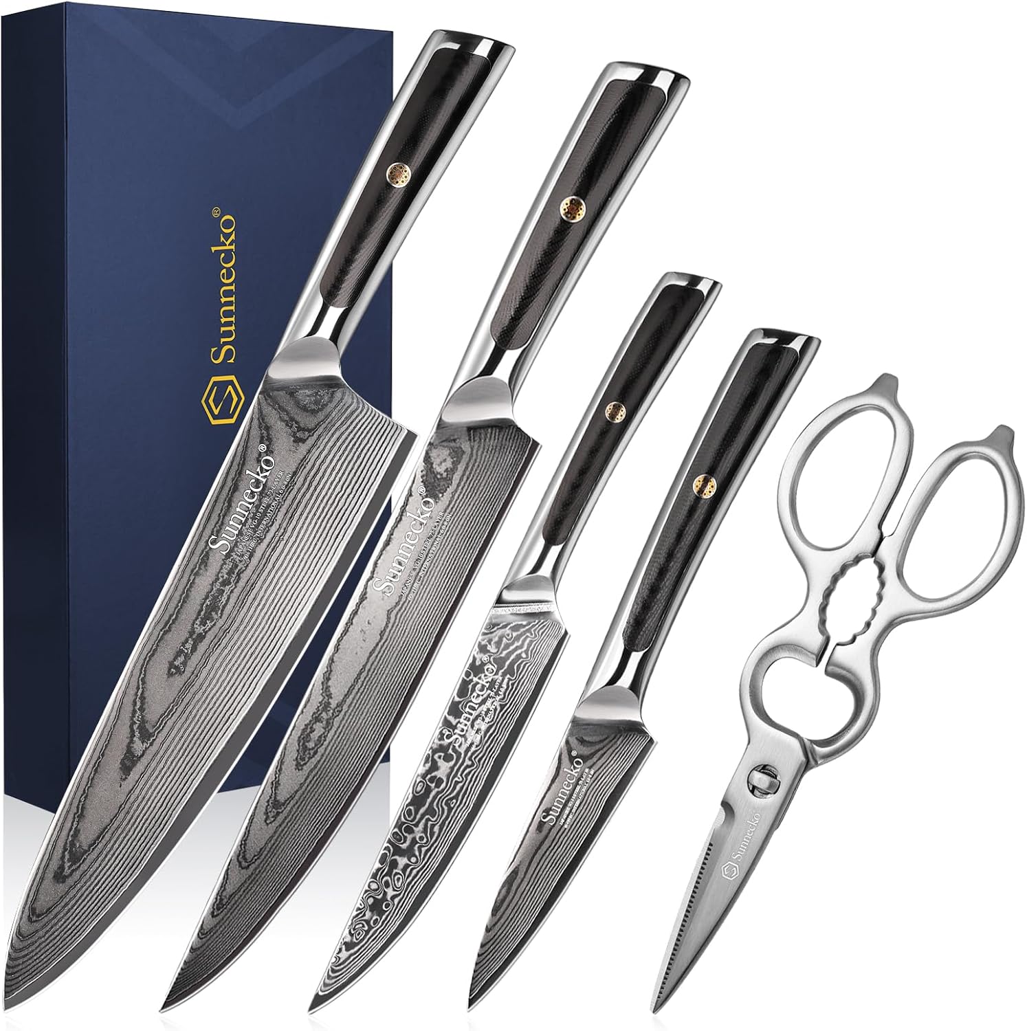 Sunnecko Damascus Kitchen Knife Set 3 Piece, Sharp Chef Knife Set with Kitchen Scissors, Professional Kitchen Knives Sets Full Tang with Gift Box