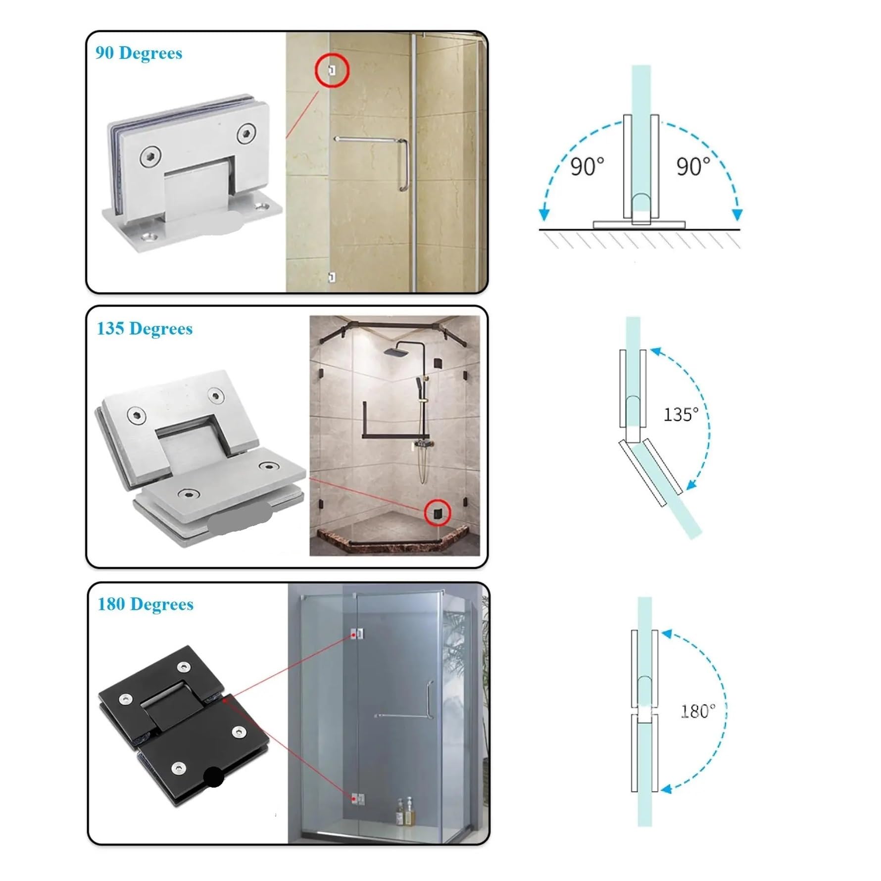 Bisagra Ducha Bisagra de acero inoxidable for mampara ducha, 2 unidades, con cepillo, for puerta cristal, 180, 90 y 135 grados, for baño(Brushed Steel,90 Degress)