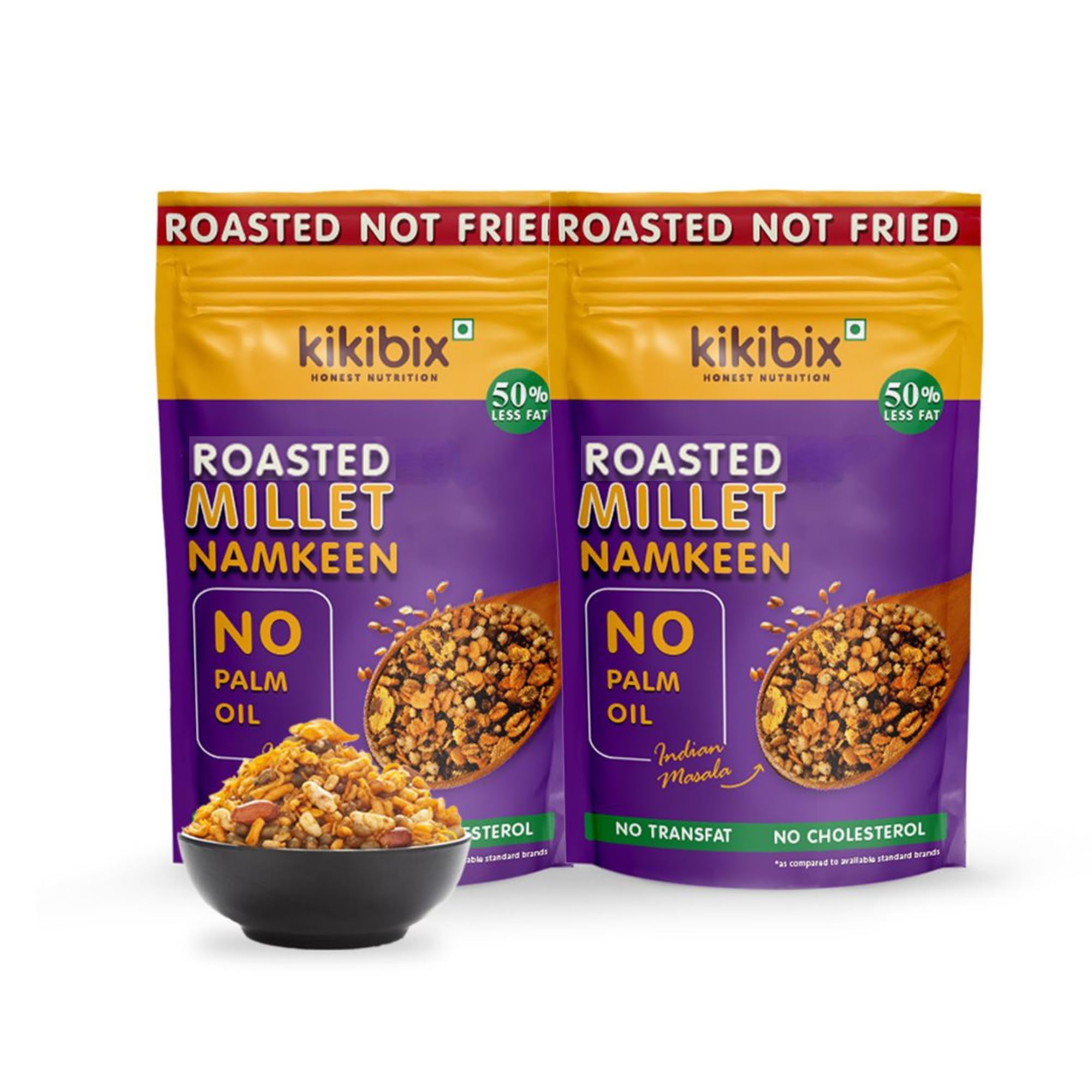 Kikibix Healthy Roasted Millet Namkeen, Non Fried Snacks for Weight Loss, Low Fat, No Cholesterol, Chatpata Snacks for Diabetics made with Millets, Oats, Flax Seeds, Chana, Moong, Pack of 2