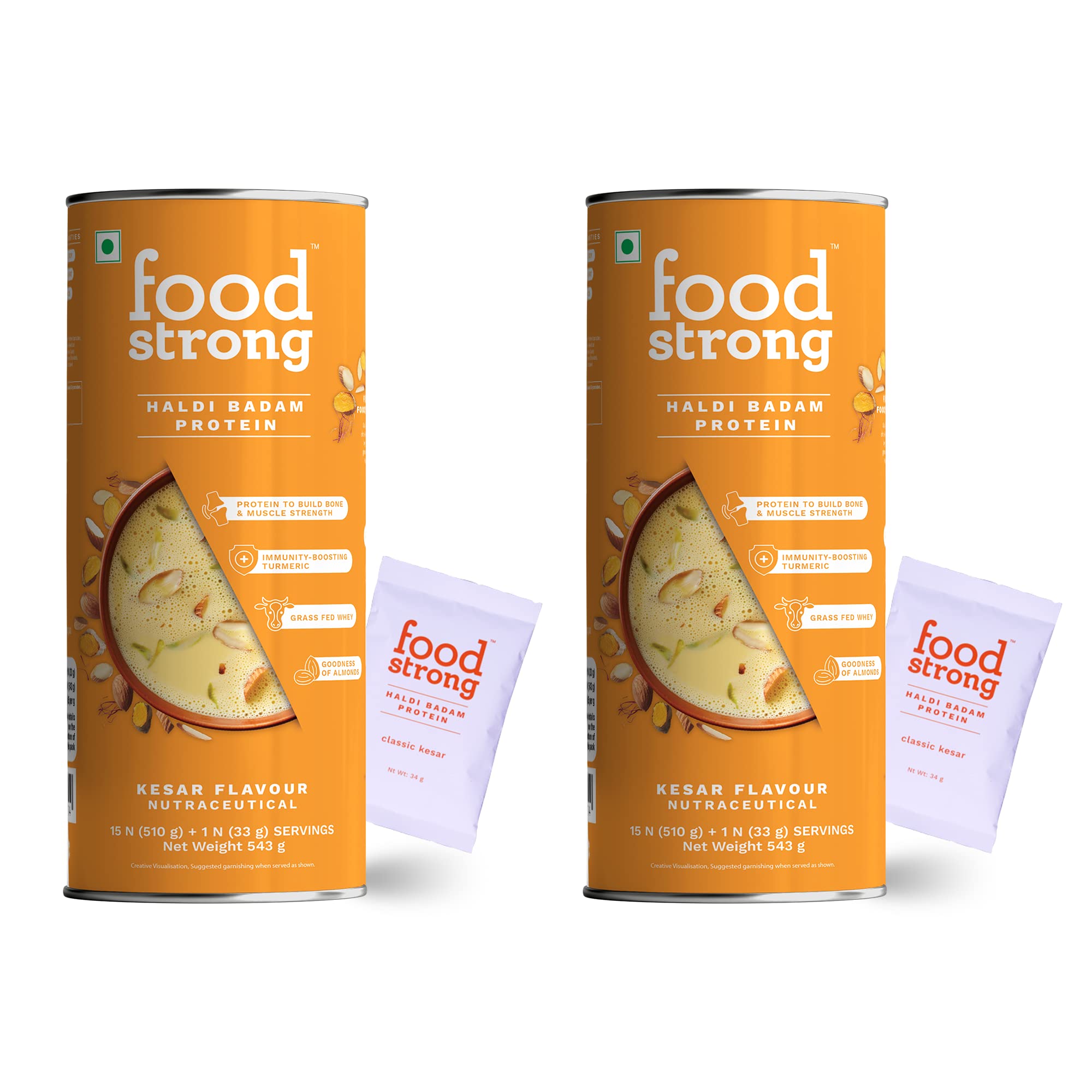 Whey Protein Powder (Concentrate + Isolate), 100% Hormone free Grass-fed Whey, 26G Protein & 6.6G BCAA, Haldi Badam, With Turmeric & Digestive Enzymes, 16 Sachets, 543G (Pack of 2)