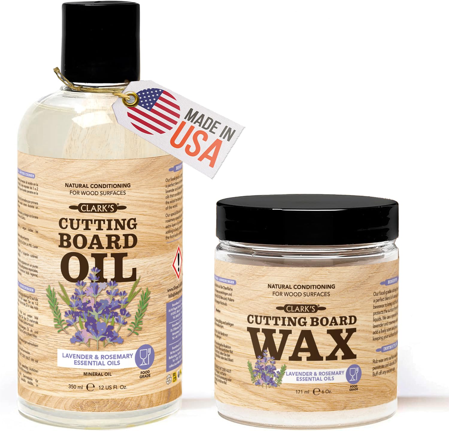 CLARK'S Food Grade Mineral Oil (12oz) and Carnauba Wax (6oz) Set - 100% Natural Butcher Block Oil and Cutting Board Wax - Food Safe Beeswax and Wood Cutting Board Oil with Lavender & Rosemary Extract
