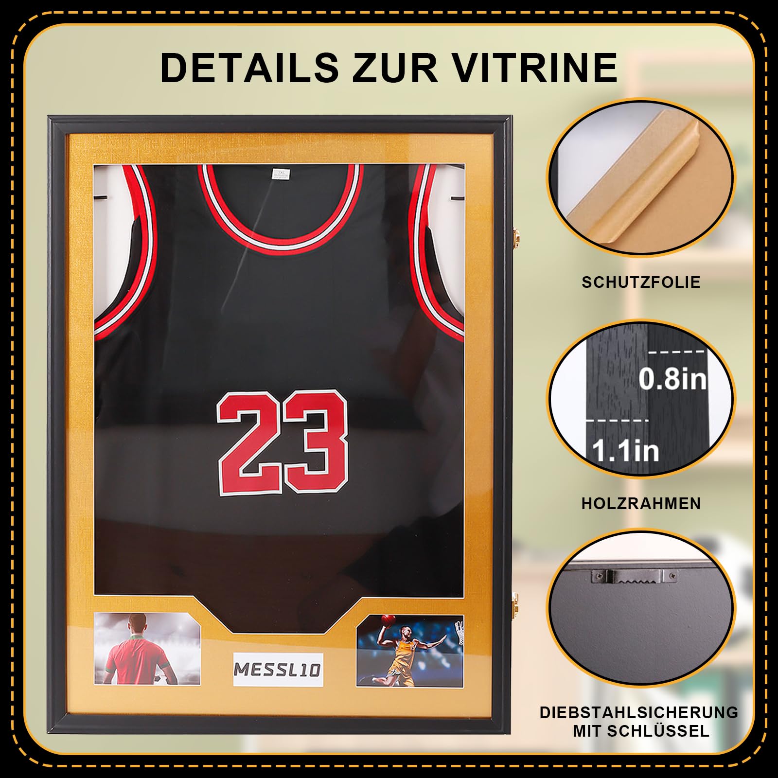 Trikotrahmen - Bilderrahmen für Trikot 3D Objektrahmen 60 x 80 cm, 3D Bilderrahmen zum Befüllen für Fußball Trikot NBA Trikot& Puzzle, mit Aufhänger, Tiefer Rahmen, Holz und Acrylglas, Schwarz