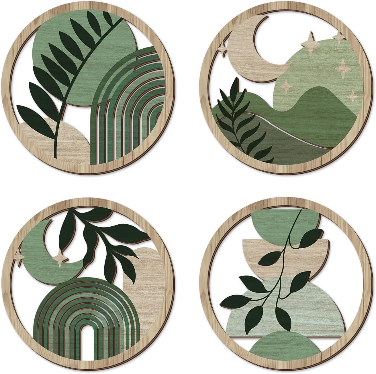 TOARTi 4PCS Green Bohemian Wall Art Decor Boho Moon Hanging Sign Minimalist Hanging Art Wall Decor for Farmhouse Bedroom Living Room Office,11x11inch