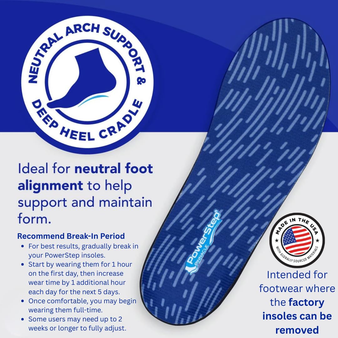 Powerstep Pinnacle Shoe Insoles - Shock-Absorbing Arch Support and Cushioning for Plantar Fasciitis
