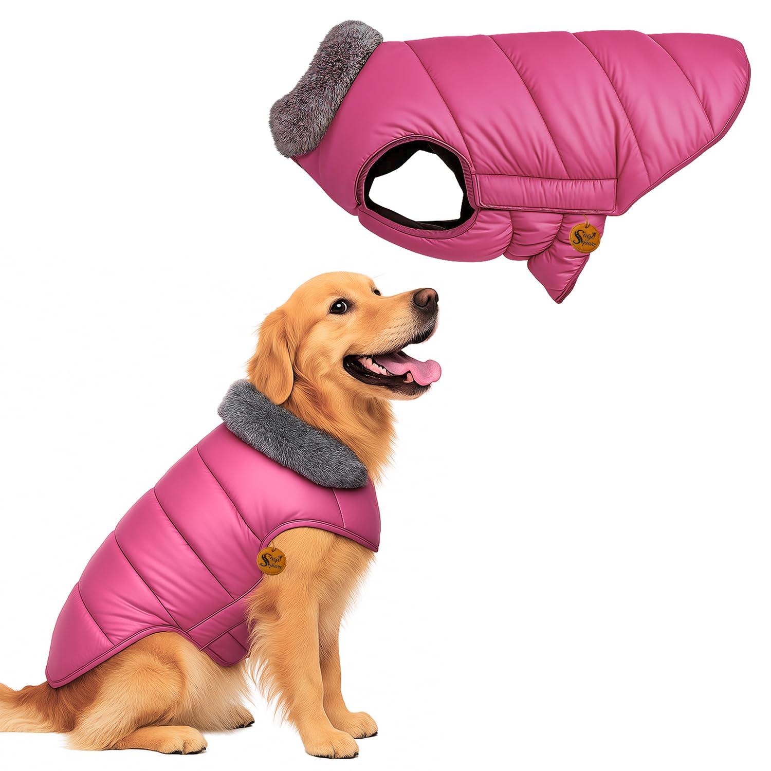 Sage Square Dog Jacket Winter Coat with Fur Collar, Light Weight, Ultra Warm Windproof, Waterproof Dog/Puppy for Cold We