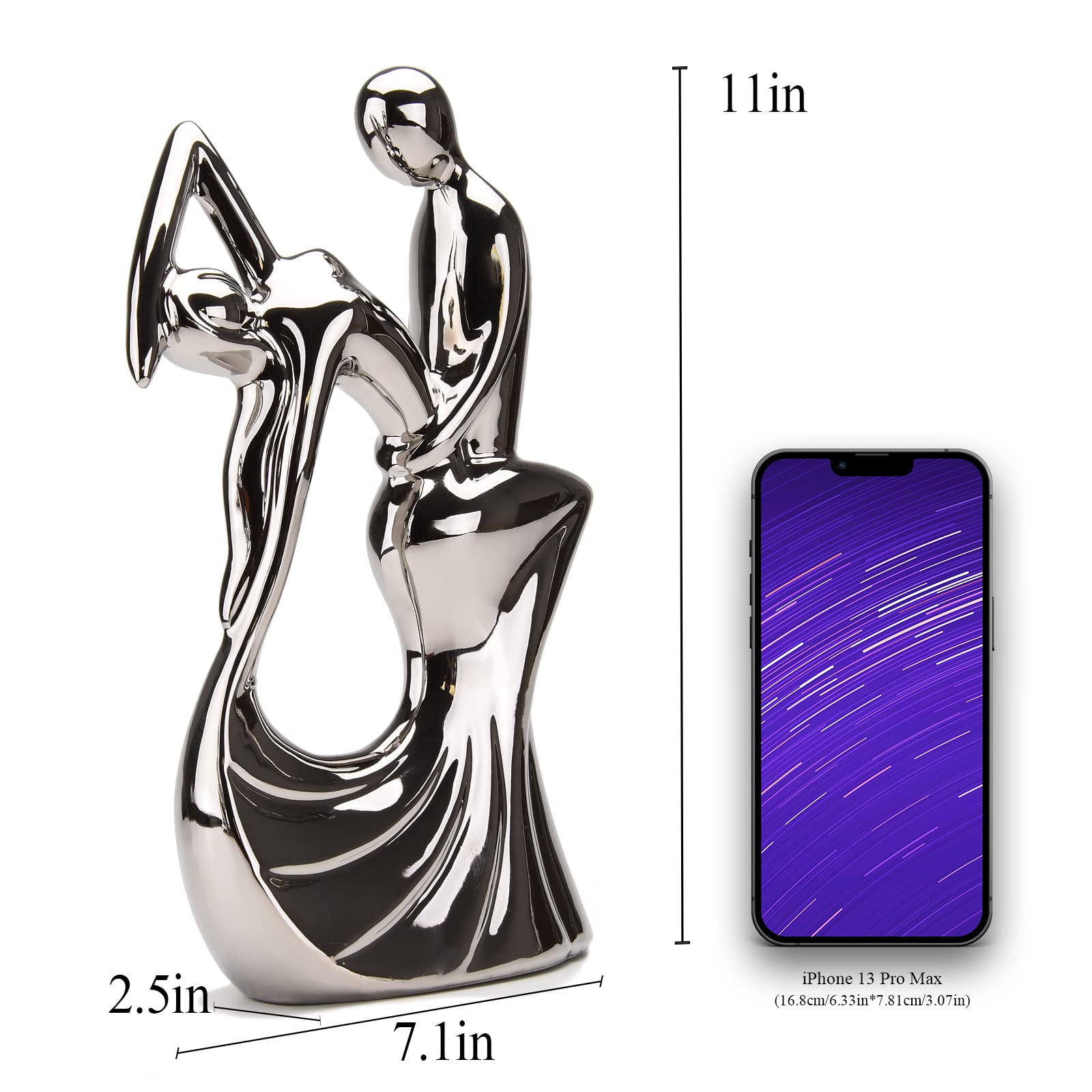 BRABUD Ceramic Romantic Couple Dancing Sculpture Abstract Statue Eelectroplating Sliver Smooth Finish Home Desk Decoration Wedding Gift Collectible Figurine 11in(H) TQGJBS347 - Image 3