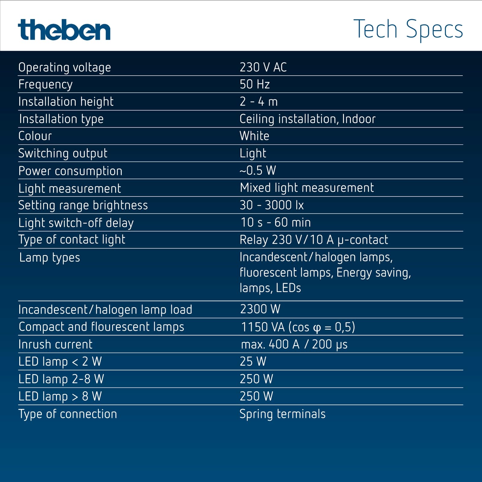 Theben 1030560 theMova S360-100 DE rilevatore di movimento PIR 360° 8 m | incasso a soffitto, 1 canale, 250 W LED, IP 54, 10 s - 60 min, misurazione luce mista, Teach-in, preimpostato, bianco