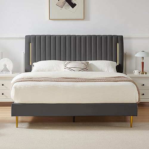 Base de cama de plataforma Queen tapizada de terciopelo con cabecera ajustable de canal vertical, borde chapado en oro, base de colchón con listones