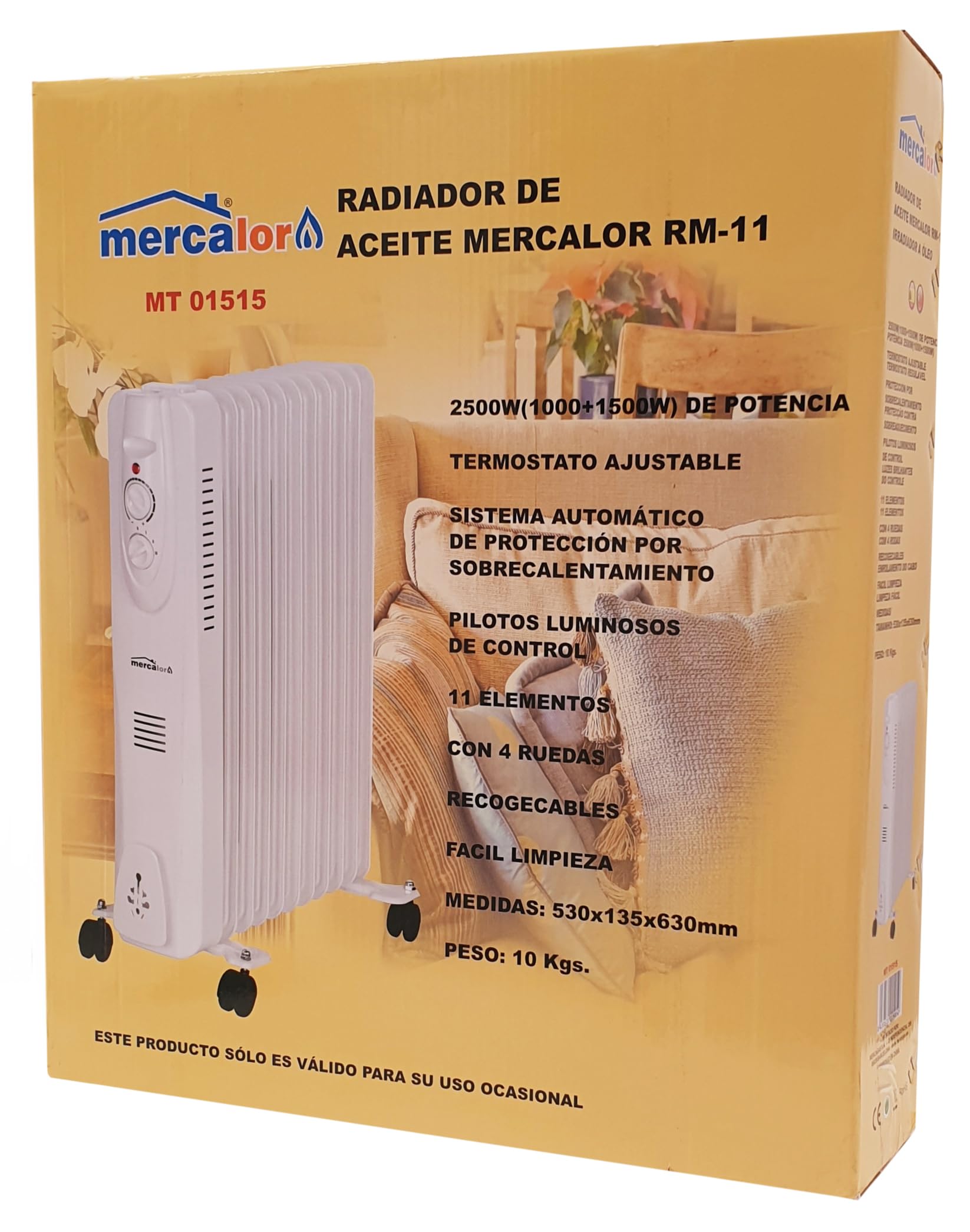 MT – Radiatore Olio. 11 elementos. Termostato ajustable. Sistema automatico di Proteccion por sobrecalentamiento. Potenza: 2.500 W.