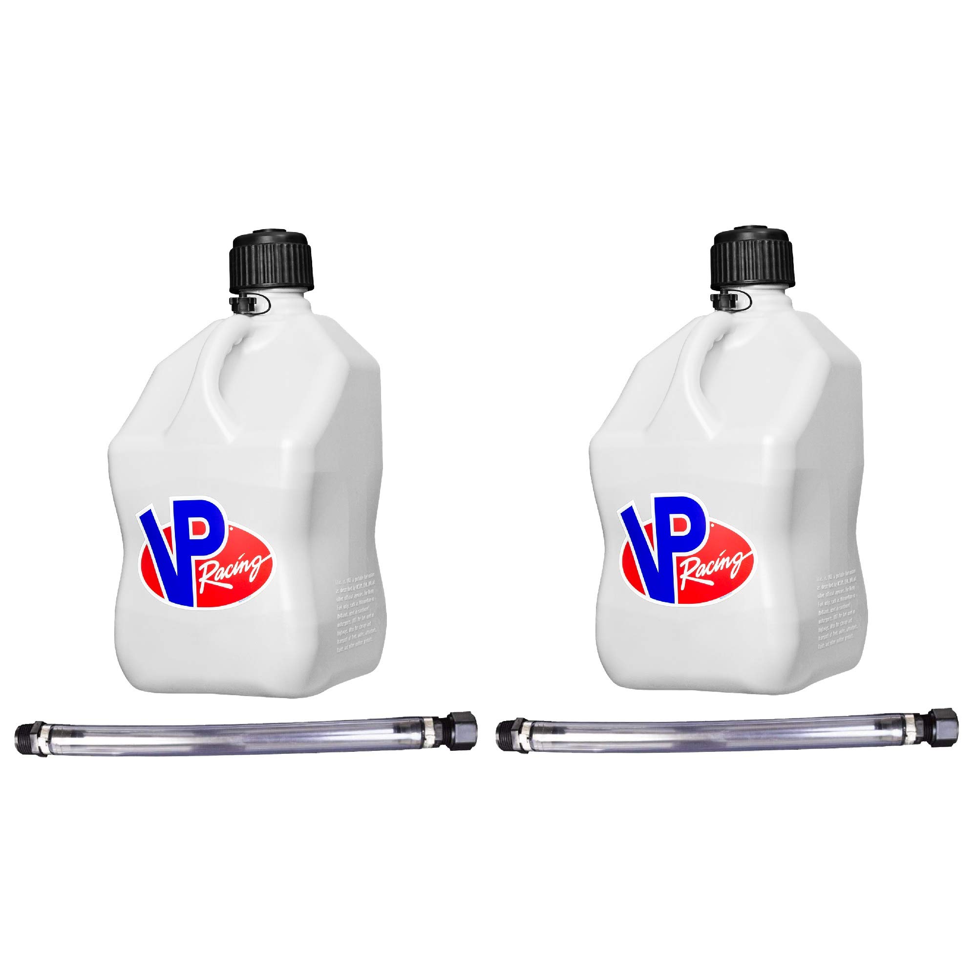 VP Racing Fuels - Contenedor cuadrado de 5 galones para deportes de motor, color blanco y manguera estándar de 14 pulgadas (paquete de 2)