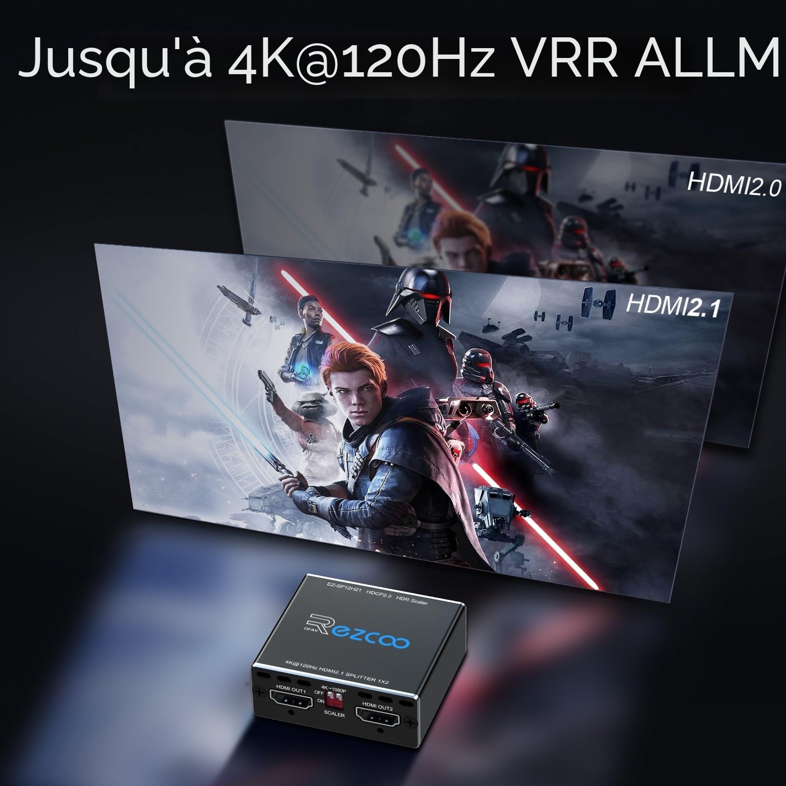 Splitter HDMI 2.1 4K 120Hz 8K 60Hz 1 entrée 2 Sorties VRR ALLM HDCP2.3 HDR10 8K UHD Dolby Vision Atmos Scaler 4K EDID 1080P HDMI 2.1. Répartiteur 1x2 Compatible avec PS5, SkyQ, Xbox, NVIDIA, AMD.