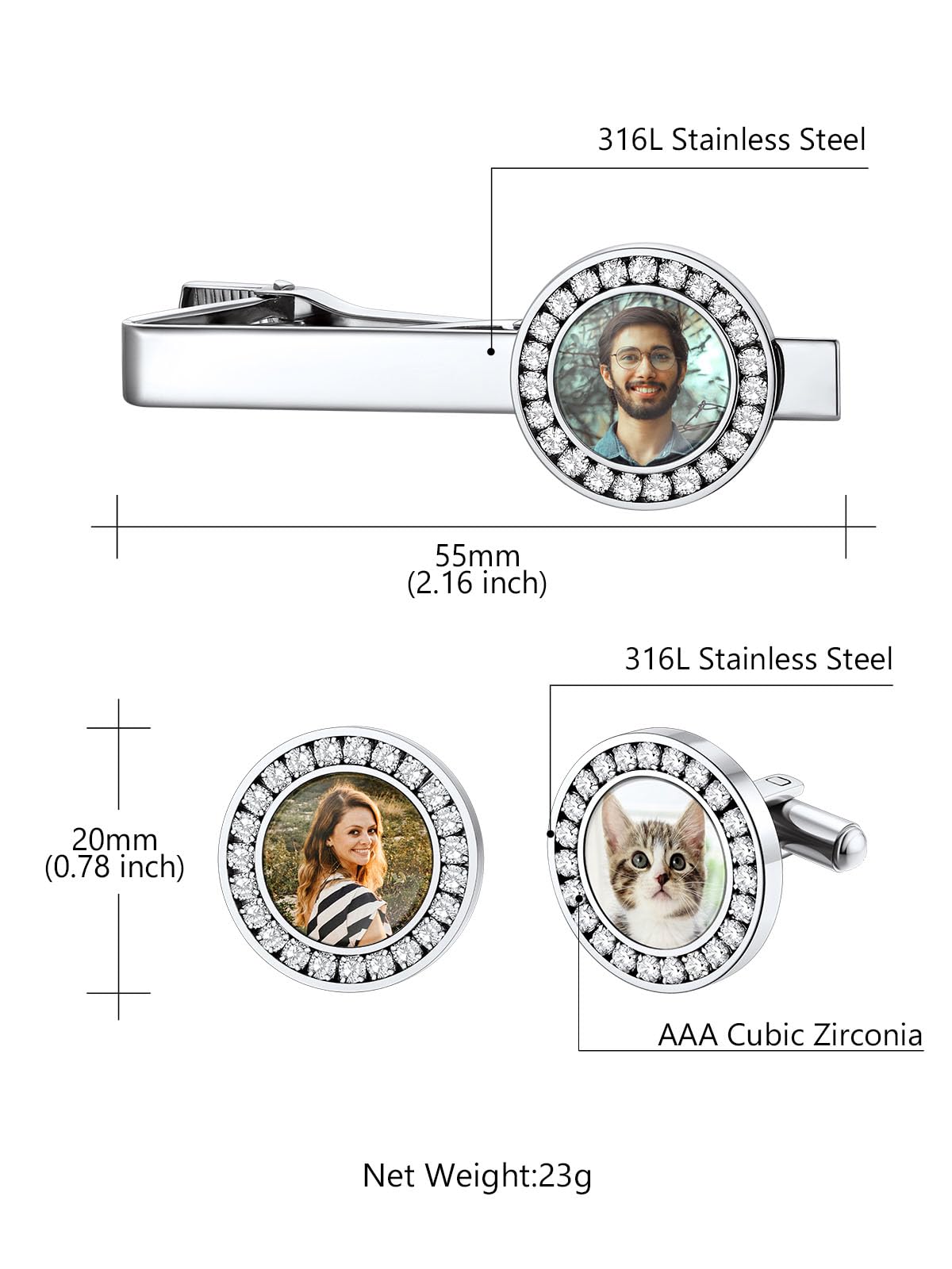 Custom4U Krawattennadel für Herren Personalisierte Krawattenklammer mit Name/Text/Foto Gravur Männer Edelstahl Manschettenknöpfe Krawattenklammern Set in Silber/Gold/Schwarz für Vatertag Alltag