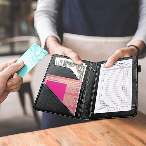 Miniatura 7 de Libro de camarera, libros de mesero para camarera, diseño rosa y negro, 9 bolsillos mejorados, organizador de libros para camareros, presentador de