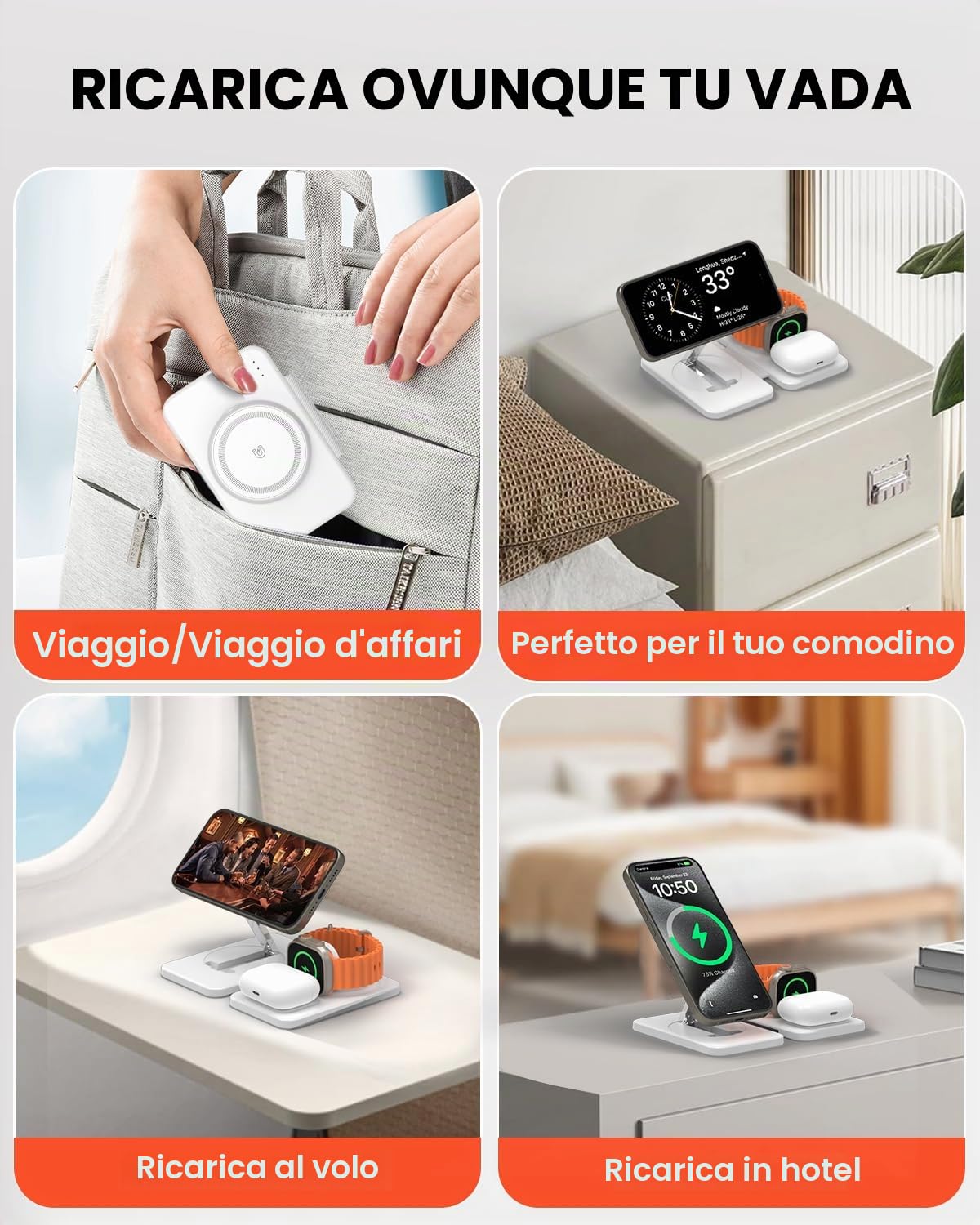 GEEKERA Caricatore con Magsafe, 3 in 1 Stazione di Ricarica per Apple Watch e iPhone Air/17/16/15/14/13/12, Caricatore Wireless per iWatch 2-Ultra 3, Base Caricabatterie per AirPods 2-Pro 3, bianca