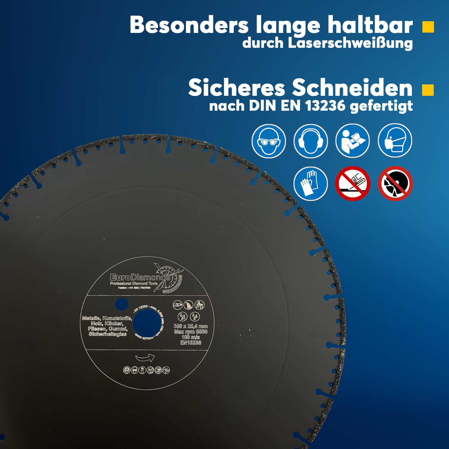 EDW Profesjonalna diamentowa tarcza tnąca uniwersalna Ø 350 mm x 25,4 do cięcia tworzywa sztucznego, drewna, metalu, włókna szklanego, węglowego, szkła i betonu myjącego, Resque diamentowa tarcza