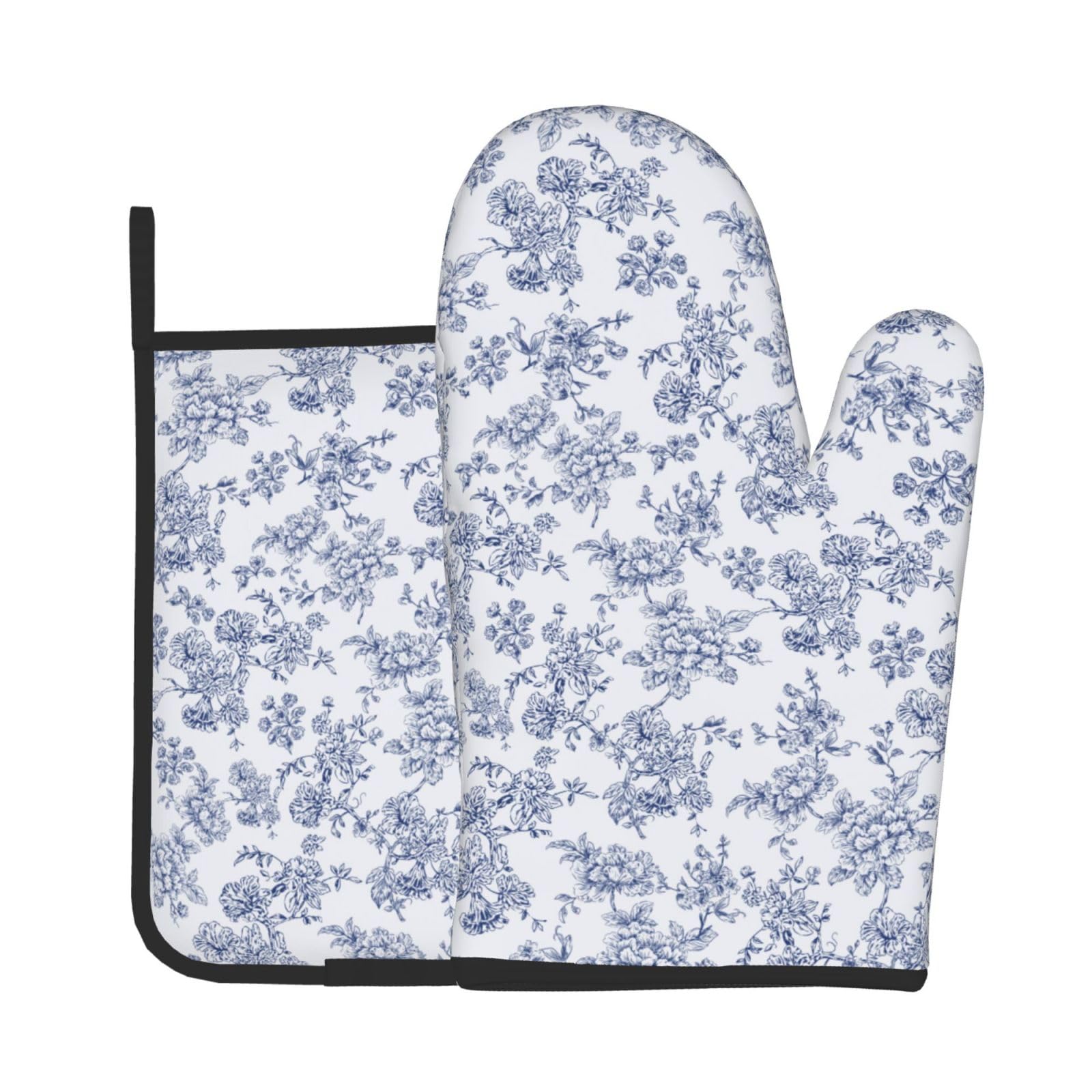 Blue Floral Oven Mitts and Pot Holders Sets - Vintage Kitchen Mitts Potholders 2 Pack Heat Resistant Light Blue Oven Gloves Hot Pads for Kitchen Baking Grilling Party