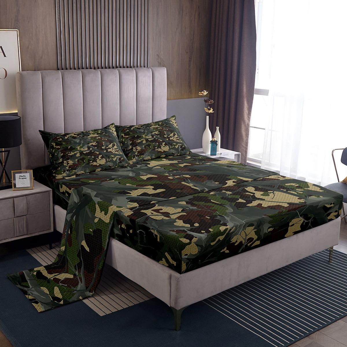 jejeloiu Camouflage Tree Branches Bedding for Girls Boys Kids Queen Size Camo Bed Sheets Set Room Decor Military Style 4 Pieces Sheet with 26 Inch Deep Pockets Breathable Soft Lightweight Microfiber