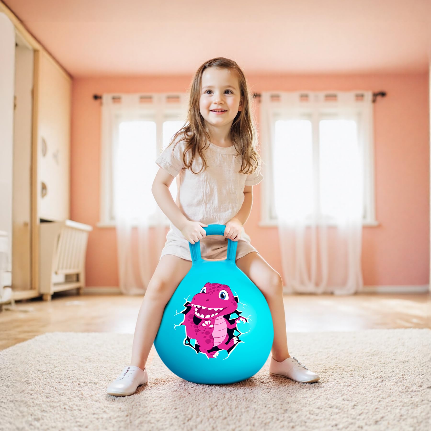 INPODAK 18inch Space Hoppers for Kids Age 3-8 Blue Dinosaur Space Hopper Anti-slip Hopper Ball with Handle Inflatable Jumping Balls with Handpump Jumping toy for Boy Girls Indoor Outdoor Garden Game - Image 2