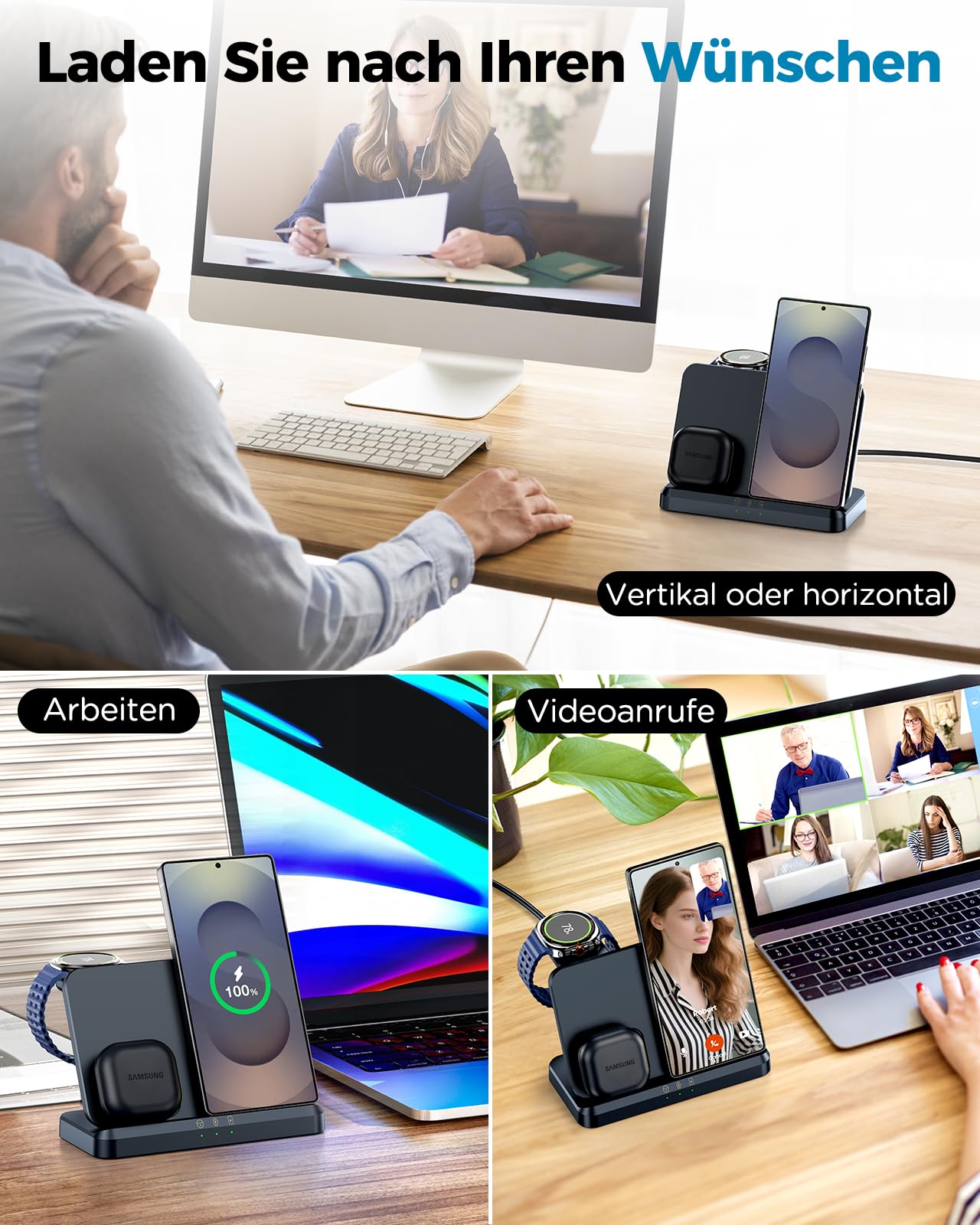 EGV Induktive Ladestation für Samsung – 3-in-1 Wireless Charger kompatibel mit Galaxy S26 Ultra/S25/S24, Z Fold/Flip 7/6, Buds, Abnehmbares Ladegerät für Galaxy Watch Ultra/8/7, Kein Adapter | Induktive Ladestation, Kompatibel mit Buds, Abnehmbares Ladege