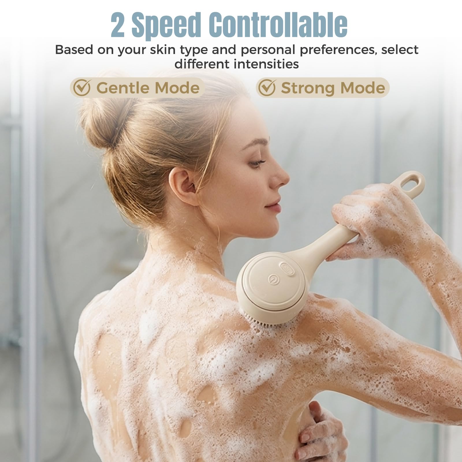 Elektrische Rückenbürste, Duschbürste mit 4 Reinigungsköpfen zum Eincremen Körperbürste für Women Men Senioren, IPX7, Doppelgriff mit 360-Grad-Drehung für Spa Exfoliating Massage (Milchkaffee)