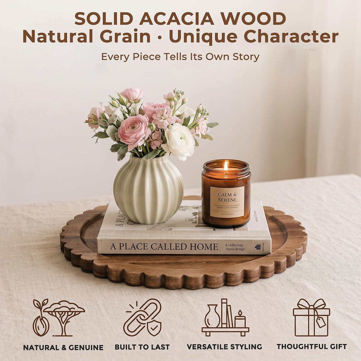 Solid Acacia Wood Decorative Tray, 12 Inch Round Scalloped Wood Tray Wooden Coffee Table Tray