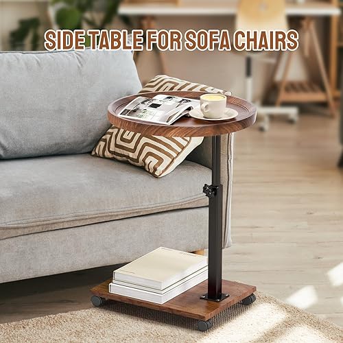 Miniatura 3 de Mesa auxiliar ajustable en forma de C, mesa auxiliar con ruedas para sofá, mesa giratoria de 360 para sala de estar, dormitorio, estudio y espacios