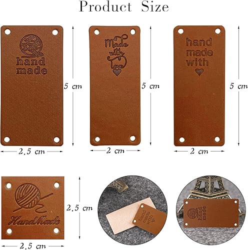 Miniatura 2 de RYKOMO 100 etiquetas de cuero hechas a mano de piel sintética, etiquetas para coser en relieve con agujeros para manualidades, tejer, ganchillo,