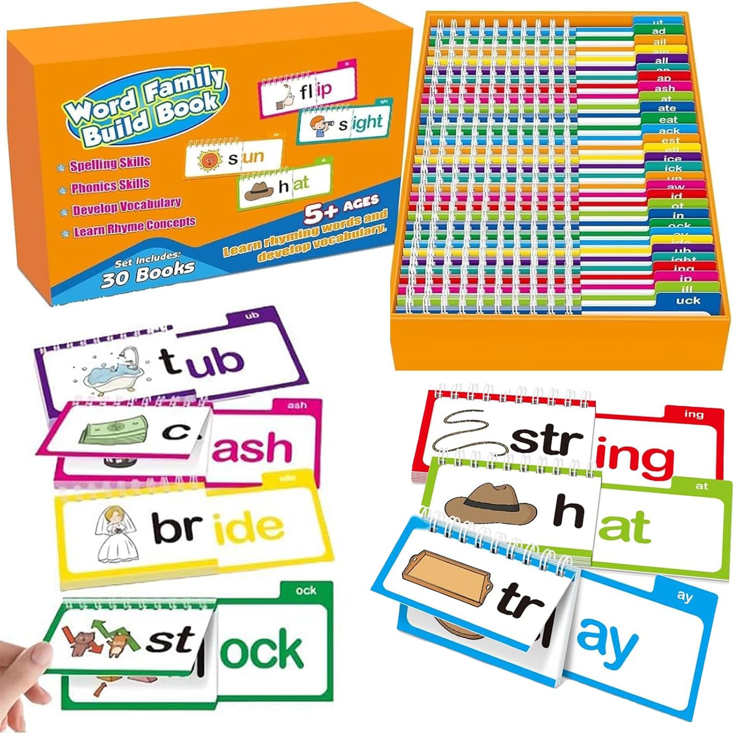 30 Read and Rhyme Flip Books, Family Games Educational Reading Games, Word Family Learning Cards, Interactive Phonics Flip Books To Build Vocabulary & Reading Fluency