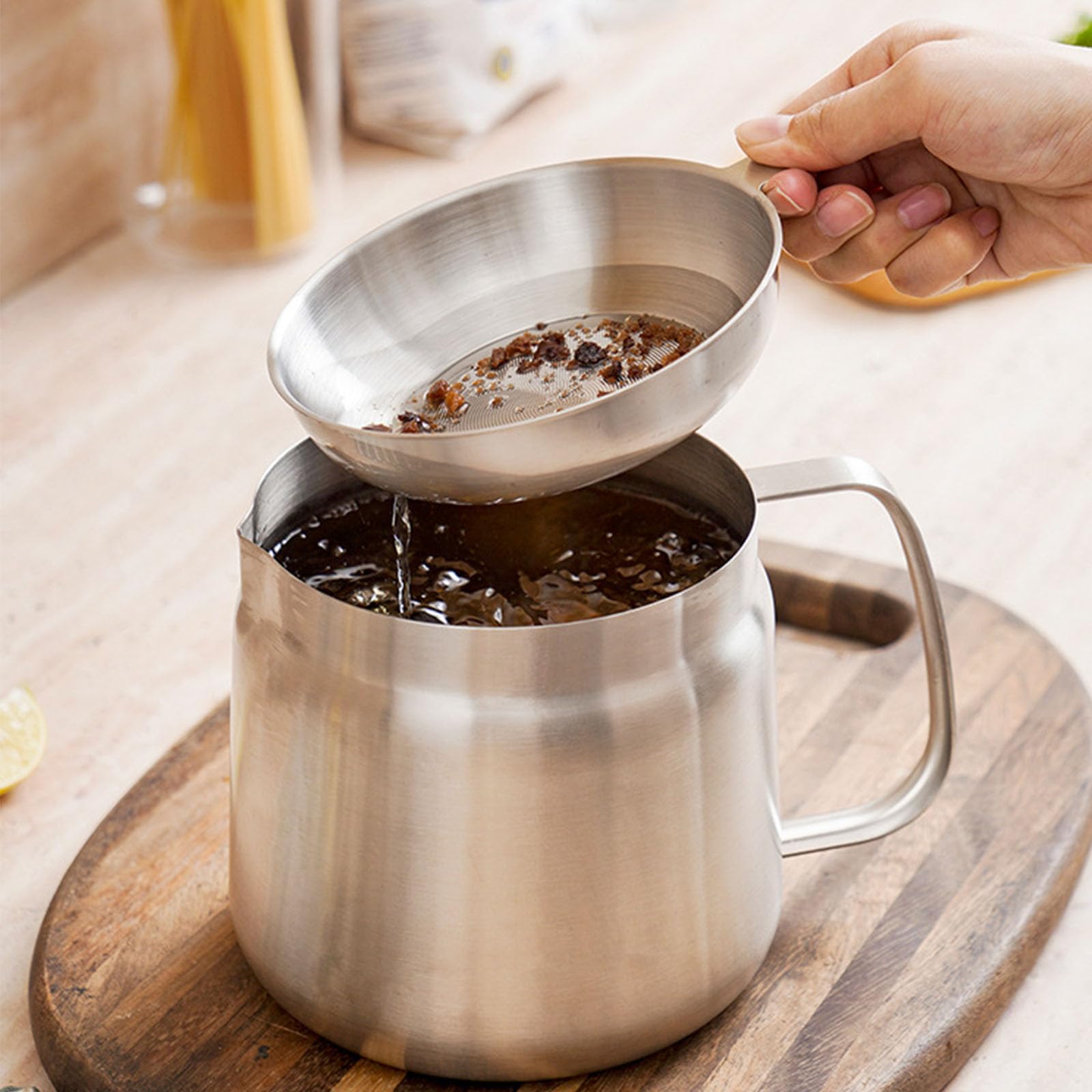 Olla coladora de aceite 2 en 1 de acero inoxidable 304, recipiente de filtro multifuncional grande con cesta de freír para cocinar, drenar y almacenar aceite de cocina
