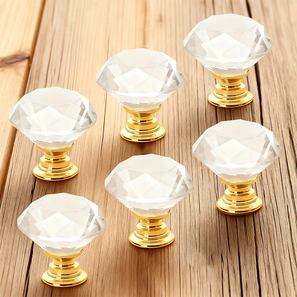 6Pcs Crystal Cabinet Knobs,30mm Cabinet Knobs Pull Handles,Clear Diamond Shaped Knob-Gold