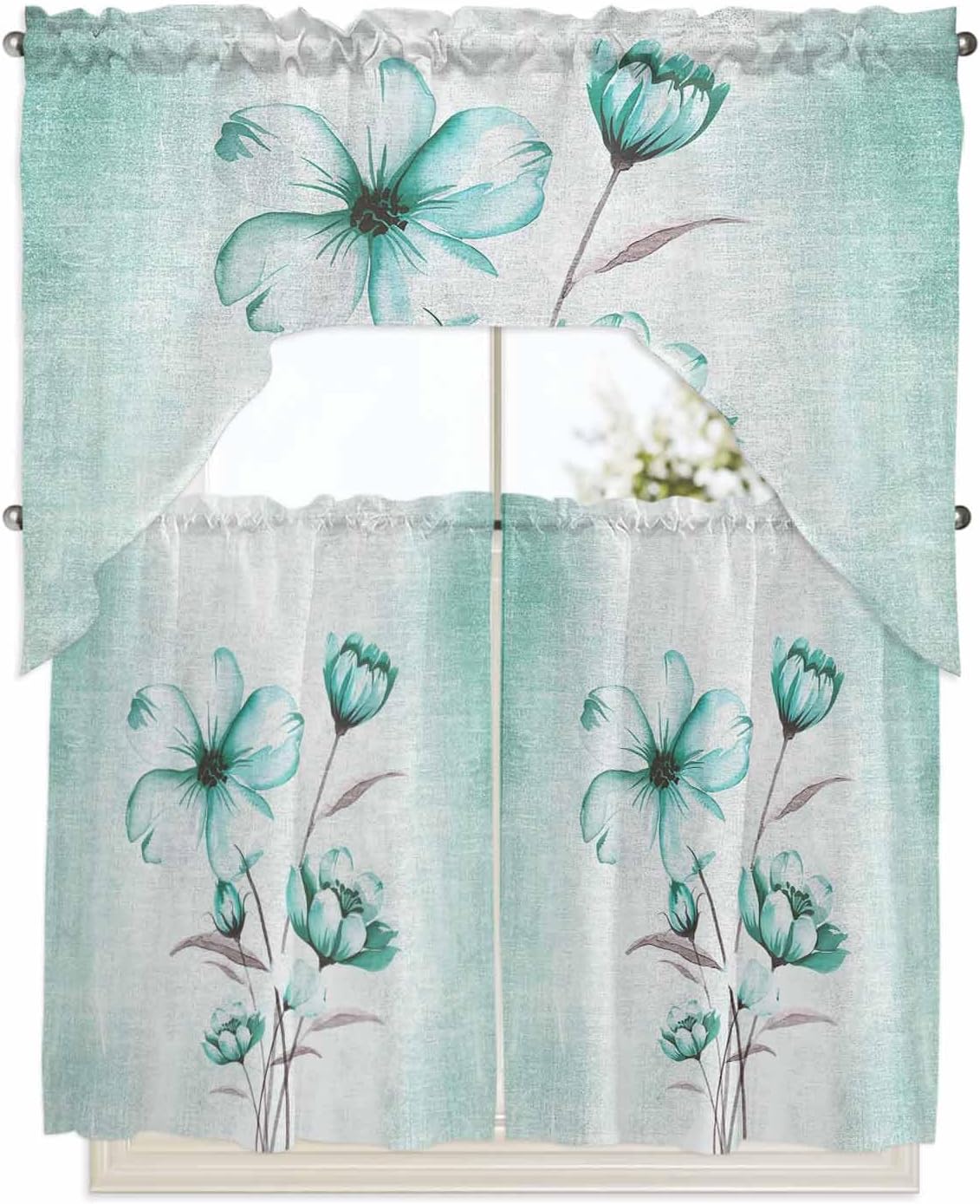 Teal Green Floral Kitchen Curtains Set - Swag Valance and Tier Panels 36 Inch Length, Rod Pocket Drapes for Bathroom/Cafe/Window, Spring Country Flowers Ombre Green Rustic Painting