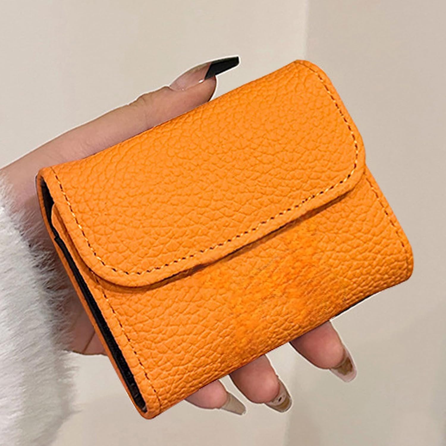 RFID Blocking PU Leather Credit Card Holder Wallet for Women, Orange Compact Accordion Card Case with Multiple Slots, Small Buckle Coin Purse, Stone Litchi Pattern ID Card Organizer - Image 3