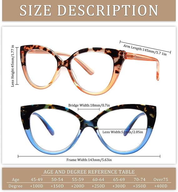 Reading Glasses for Women Blue Light Blocking Cat Eye Computer Readers Stylish Eyeglasses Spring Hinge