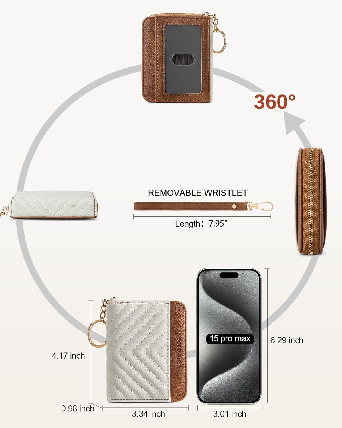 BOSTANTEN Credit Card Holder Wallet RFID Blocking Leather Small Wallet for Women Zipper Keychain Wallet with Wristlet Beige＆Brown - Image 4