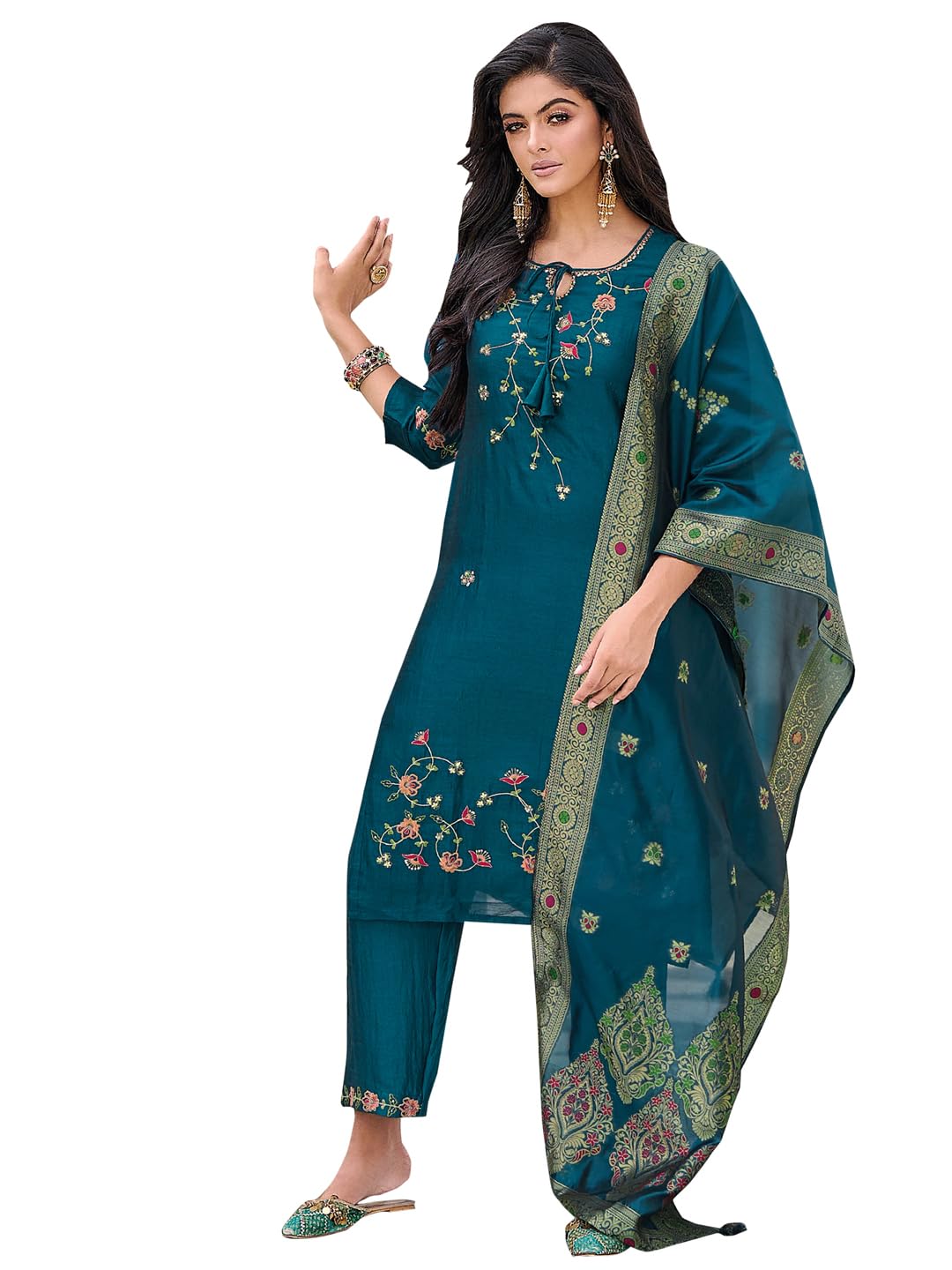 VredeVogel Women's Silk Blend Kurta Pant Set with Inner & Dupatta